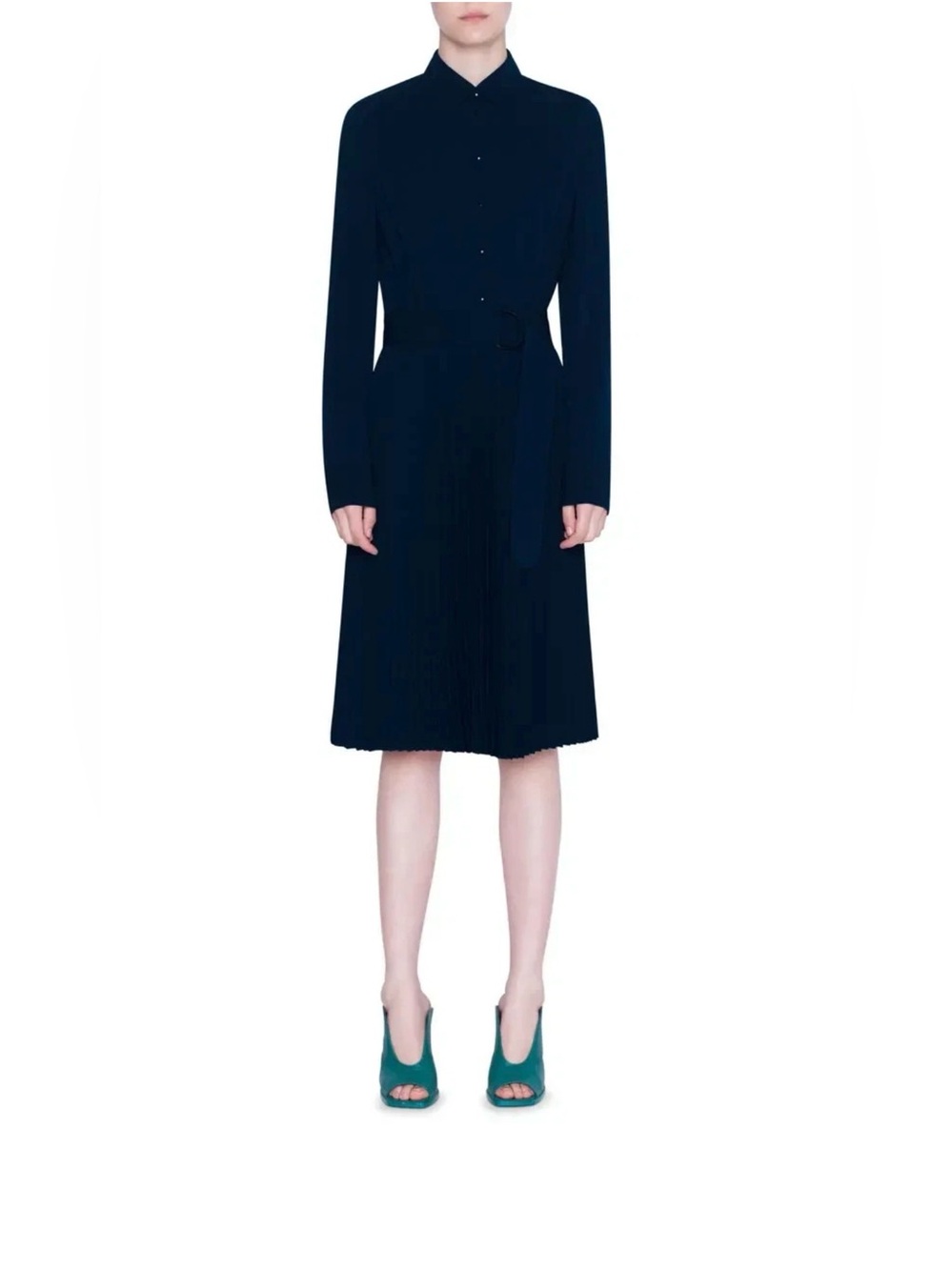 Akris punto Belted Pleated Long Sleeve Shirtdress